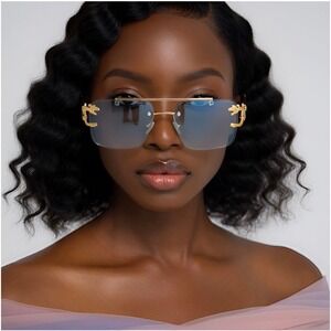 Gold Frame Green Lens Rimless Sunglasses Fashion Designer Eyewear Women Shades